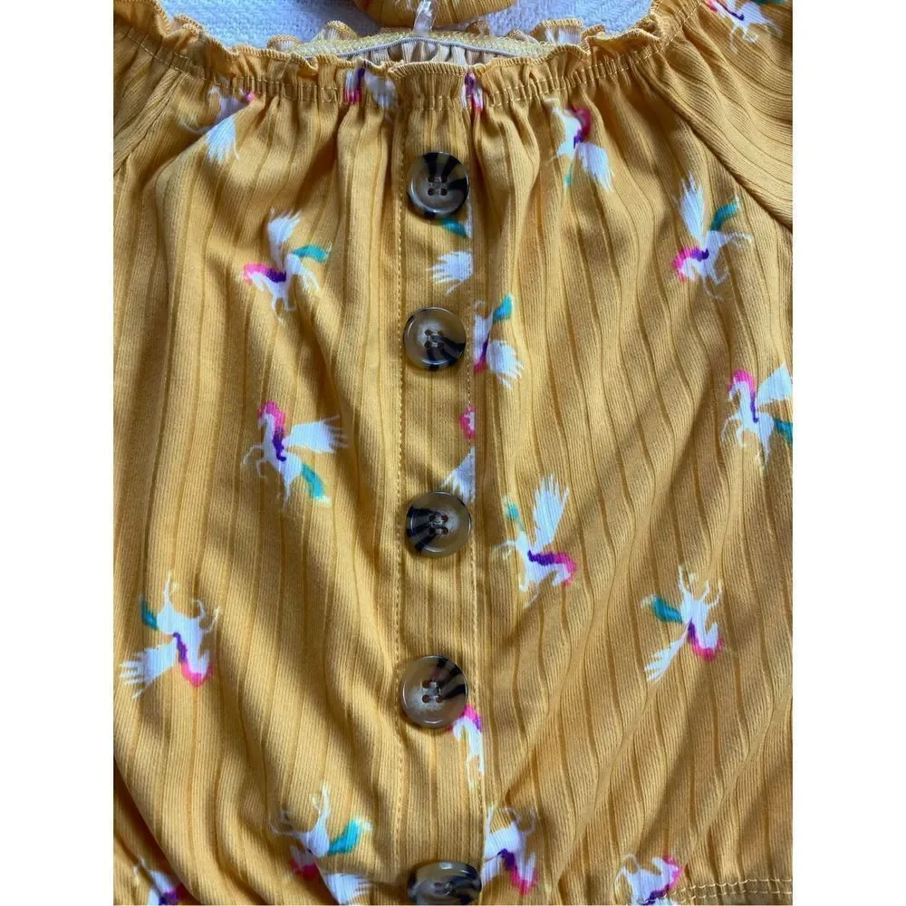 ONE STEP UP Girl’s Small (4) Mustard/Unicorn Top with Matching Scrunchie